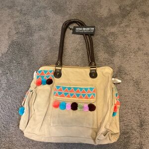 Vintage Addiction Upcycled military tent Beige Tote Bag with Colorful Accents